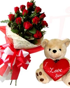 12 Red Roses w/small Bear with Pillow