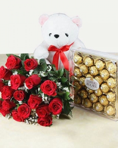 18 Red Roses with 24 Pcs Ferrero Rocher & Teddy